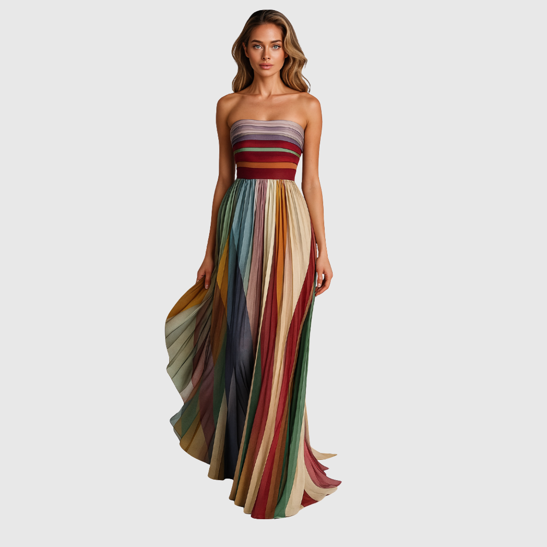 Melissa - Vestido maxi multicolor con rayas plisadas