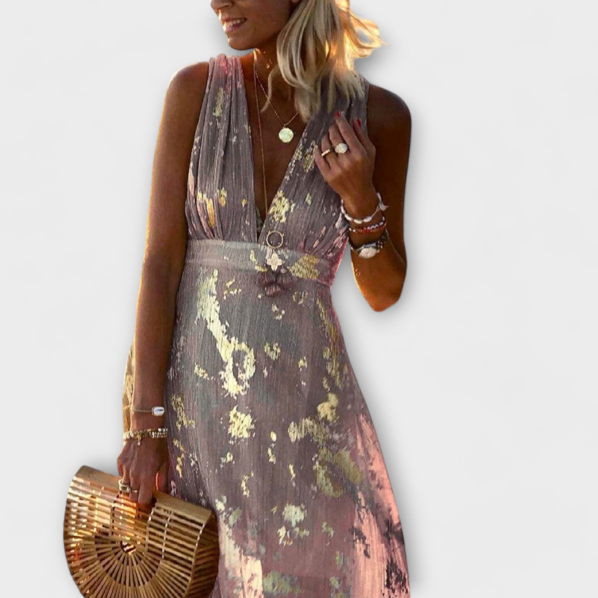 Vestido con escote en V y detalles de brillo