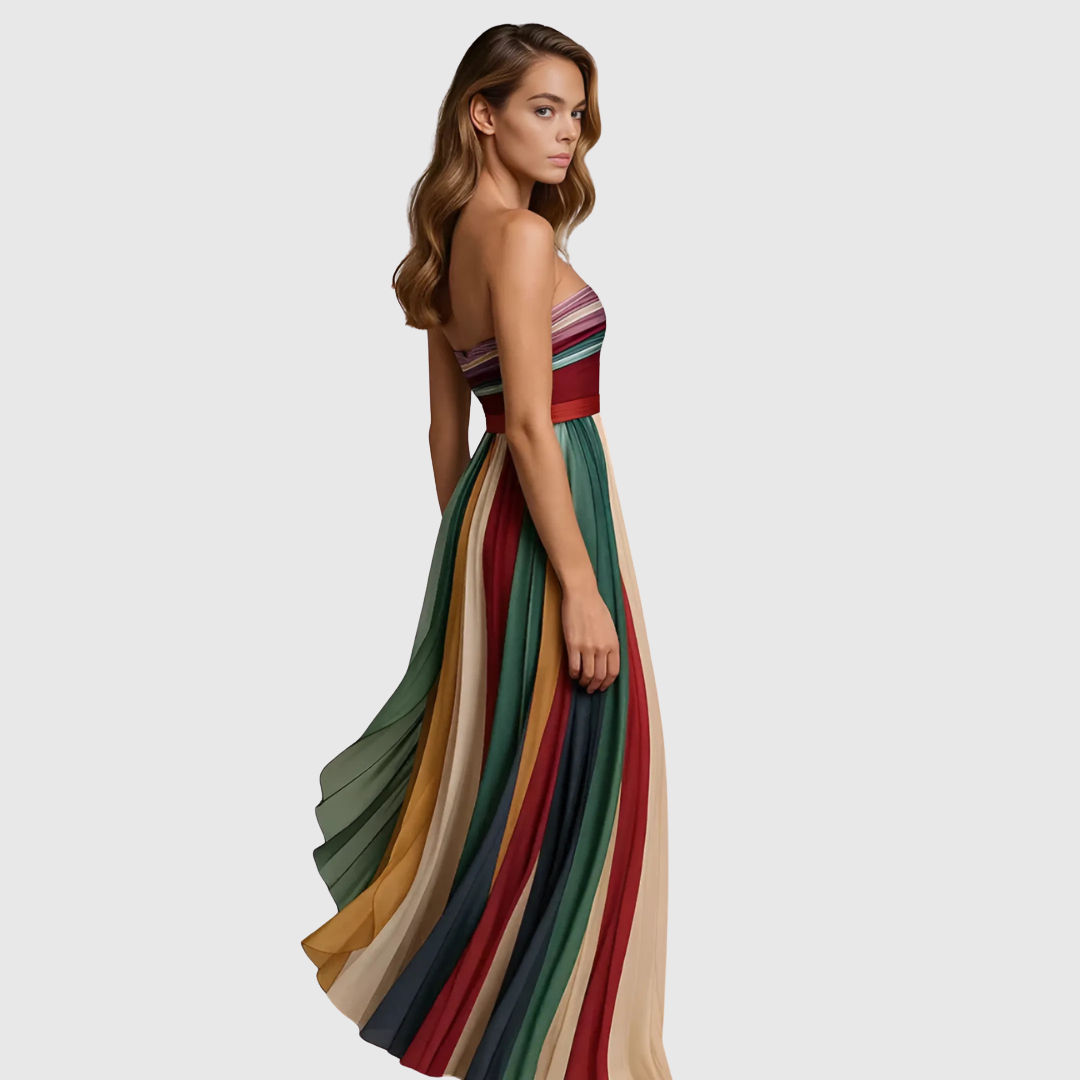 Melissa - Vestido maxi multicolor con rayas plisadas