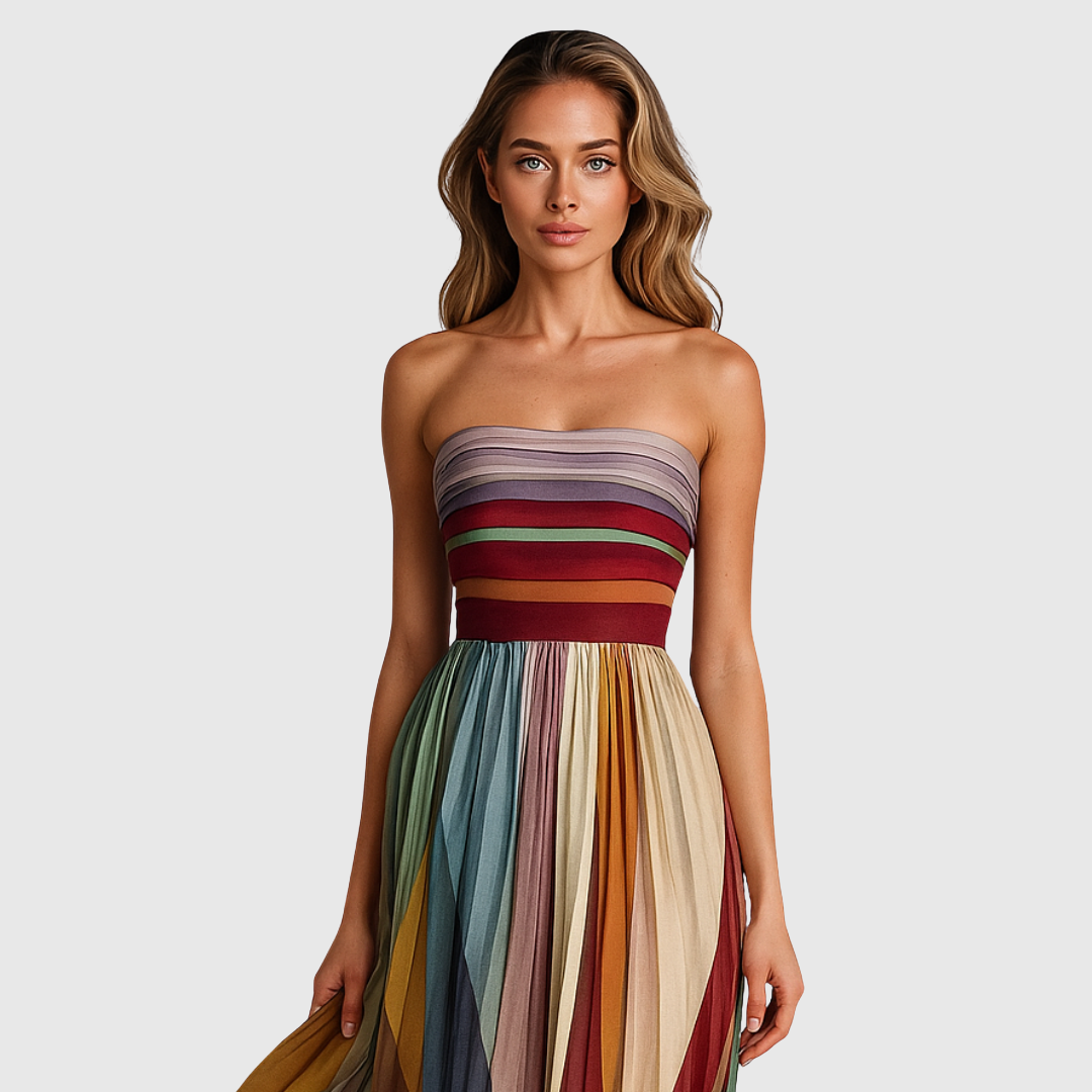 Melissa - Vestido maxi multicolor con rayas plisadas