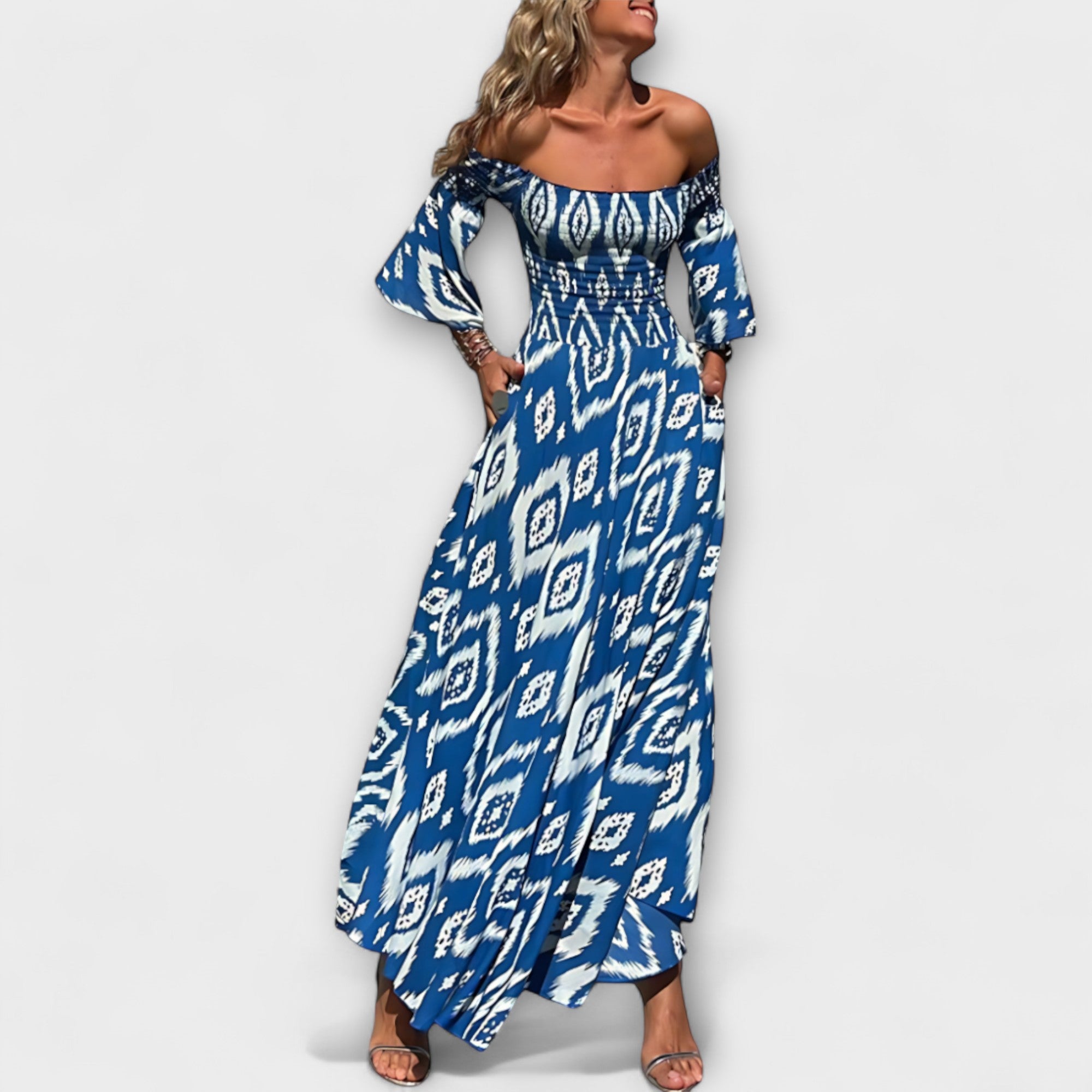 Bella - Vestido con hombros al descubierto y flores del océano