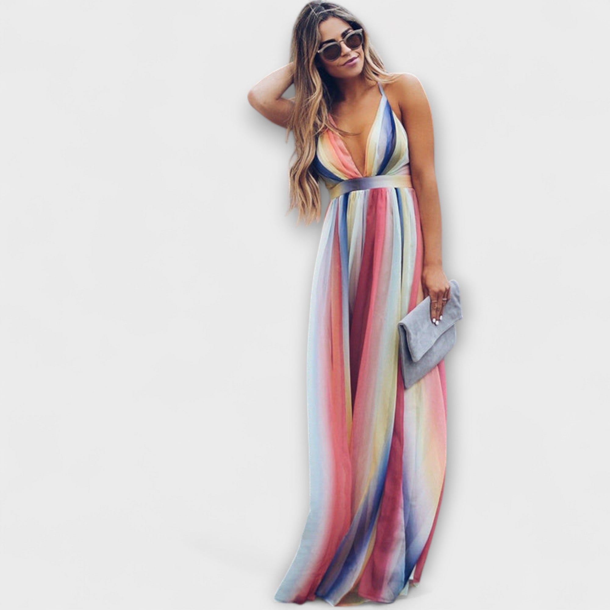 Vestido de mujer a rayas multicolor con escote en V