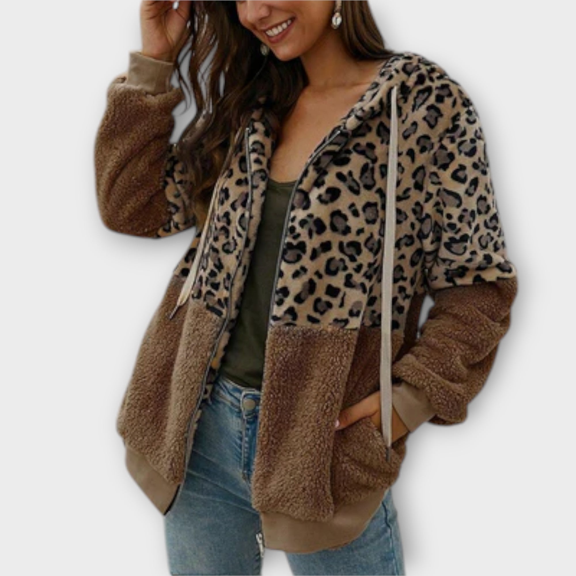 Lea - Sudadera de forro polar con capucha en diseño de leopardo