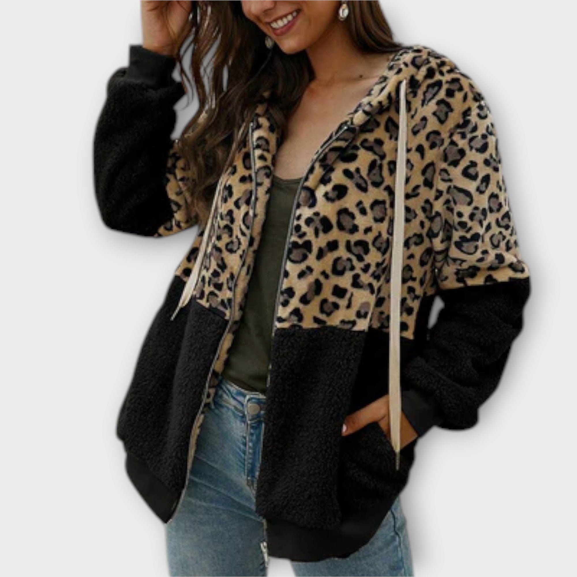 Lea - Sudadera de forro polar con capucha en diseño de leopardo