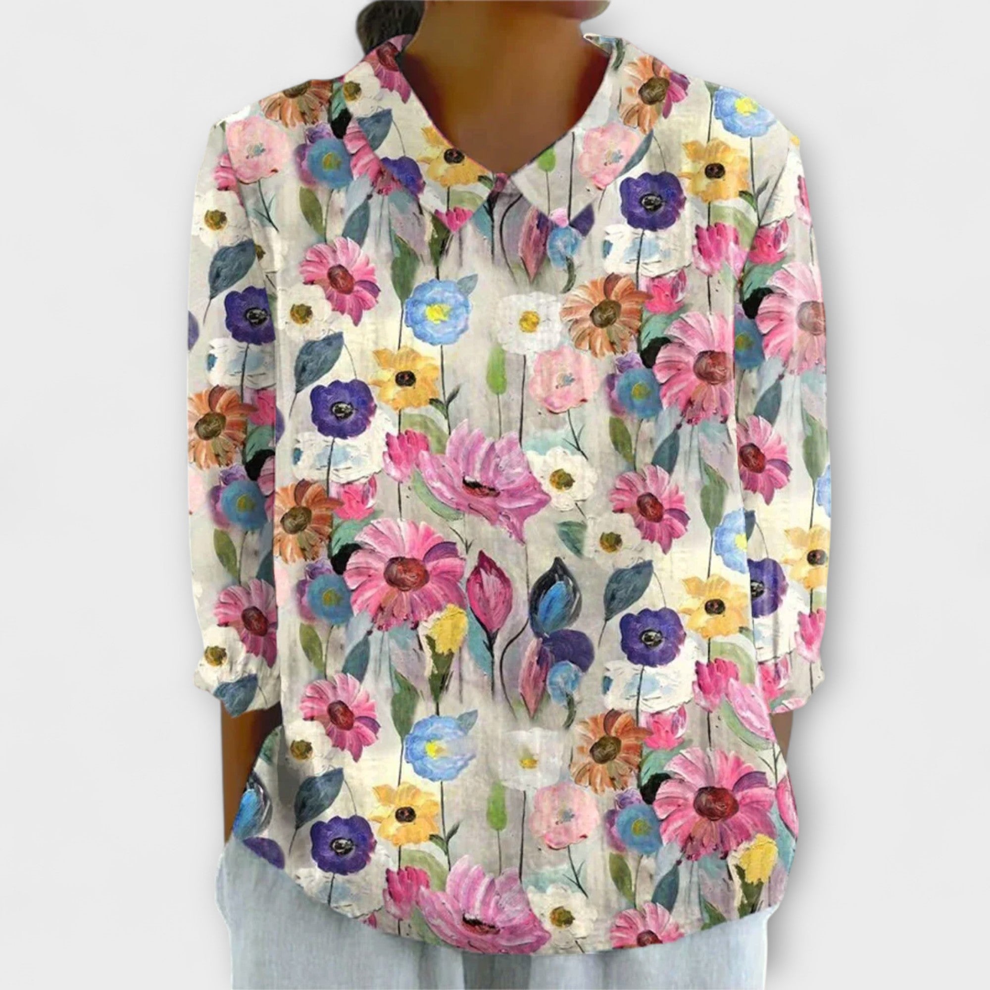 Kelly - Blusa vintage de algodón y lino con flores