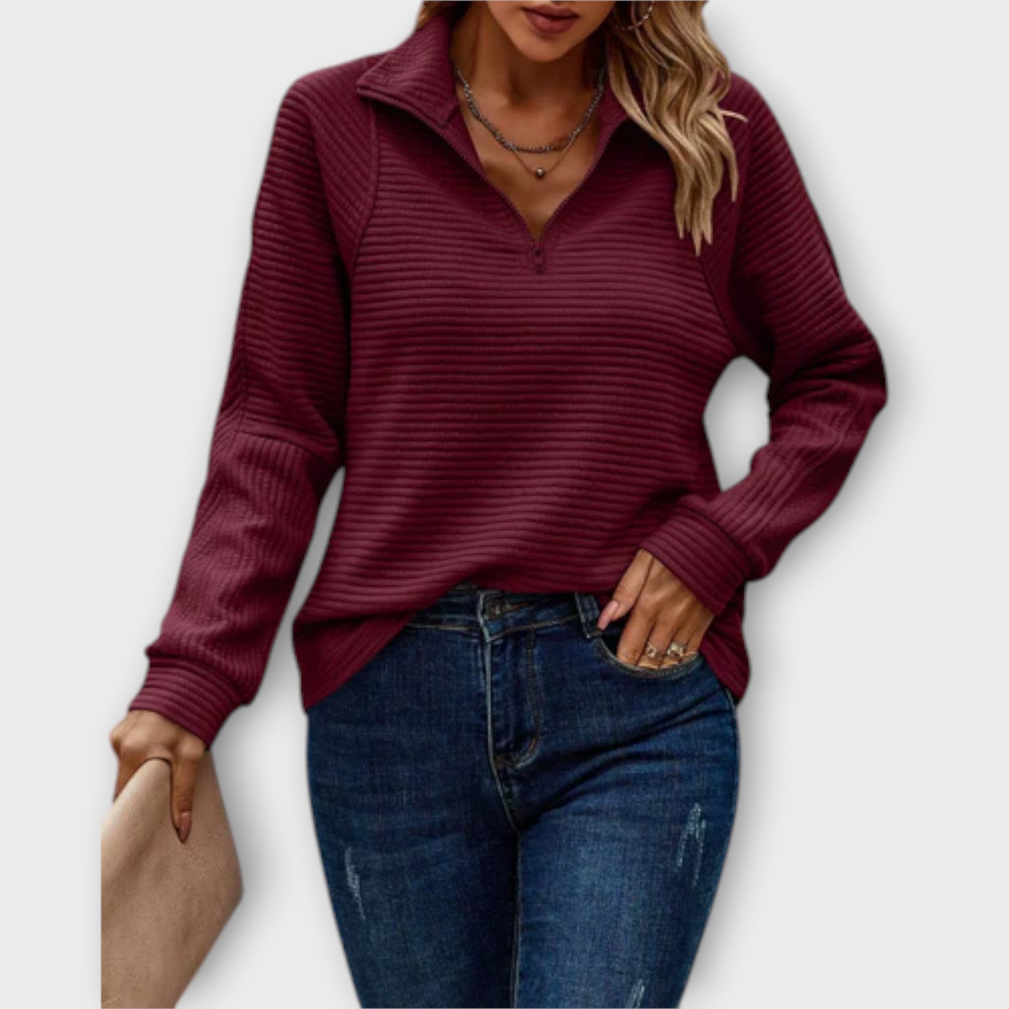 Vilja - Suéter con cuello tipo polo y cremallera