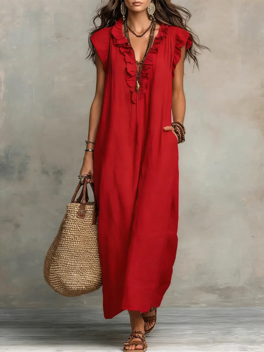 Corin - Vestido Maxi Boho de Lino Fluyente