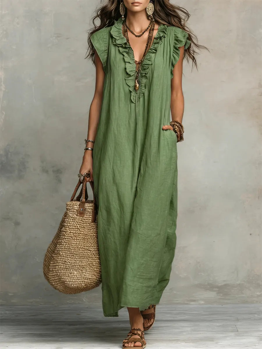 Corin - Vestido Maxi Boho de Lino Fluyente