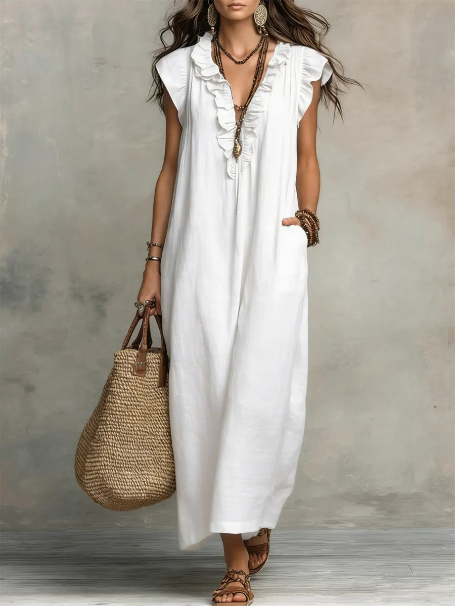 Corin - Vestido Maxi Boho de Lino Fluyente