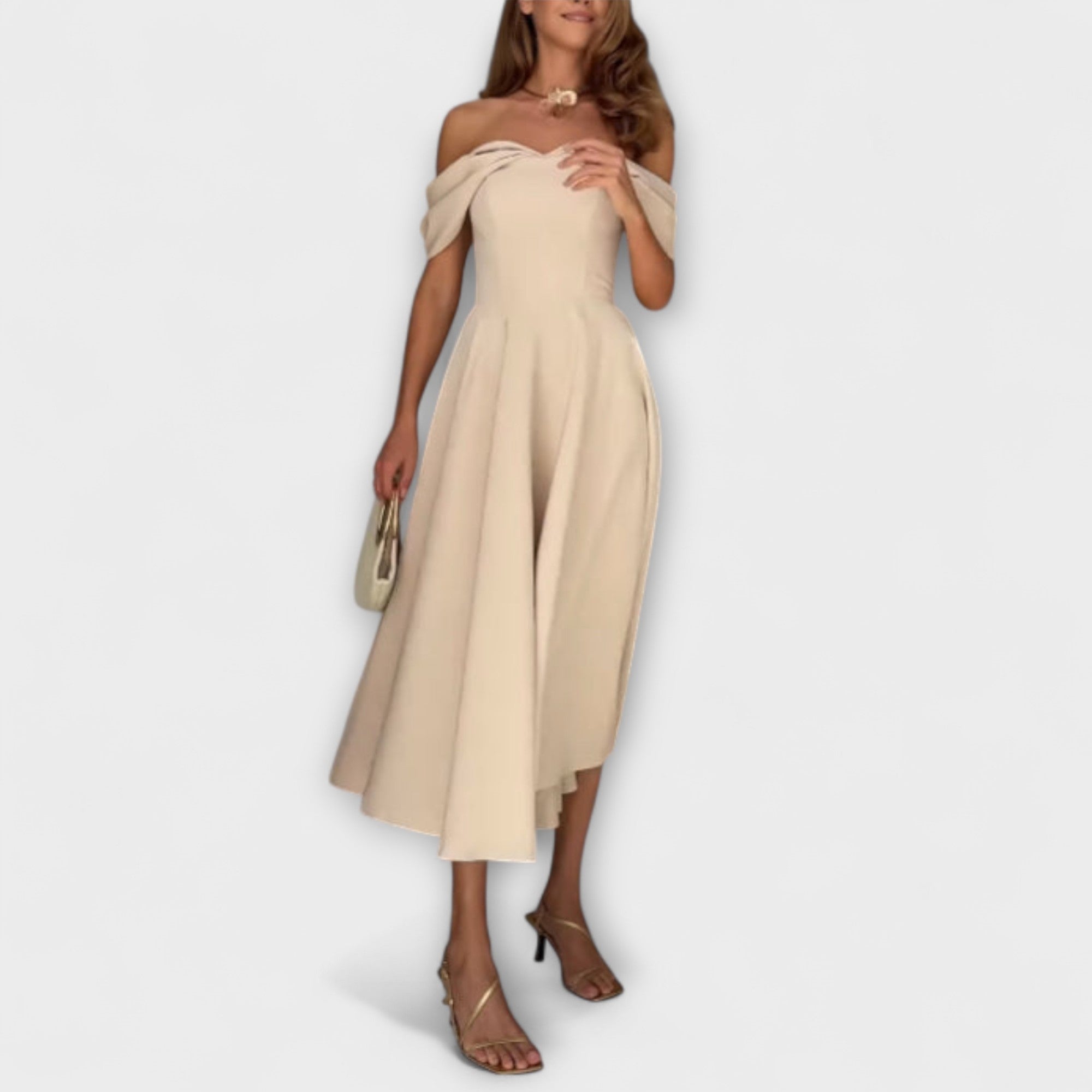 Romy - Maxi vestido chic off-the-shoulder con drapeado