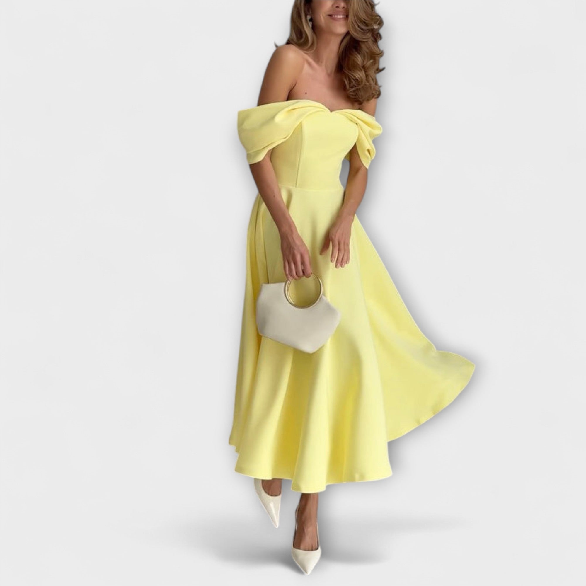 Romy - Maxi vestido chic off-the-shoulder con drapeado
