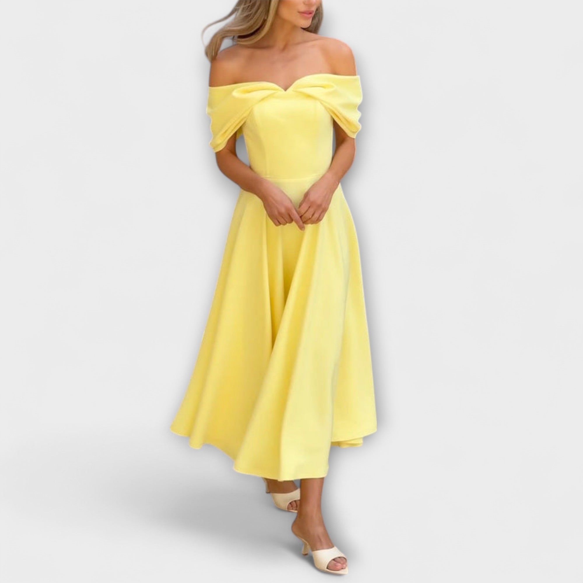 Romy - Maxi vestido chic off-the-shoulder con drapeado