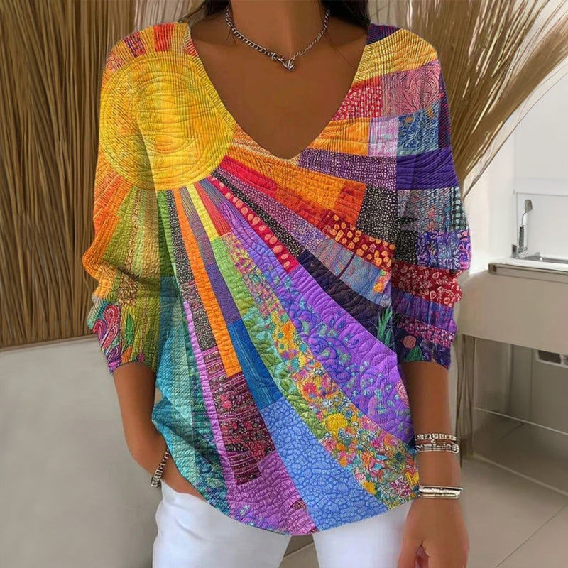 Virtudes | Camiseta vintage multicolor de cuello en V