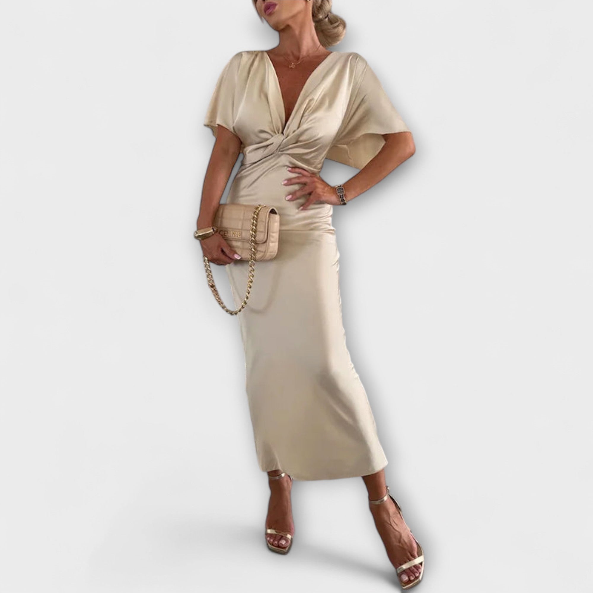 Sable - Vestido maxi con escote en V y nudo cruzado de satén resistente
