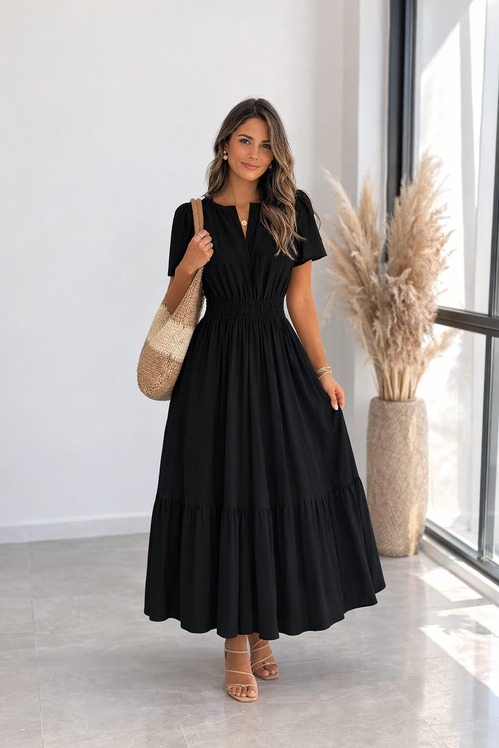 Aura | Vestido Blanco Fluido Elegante con Cintura Elástica