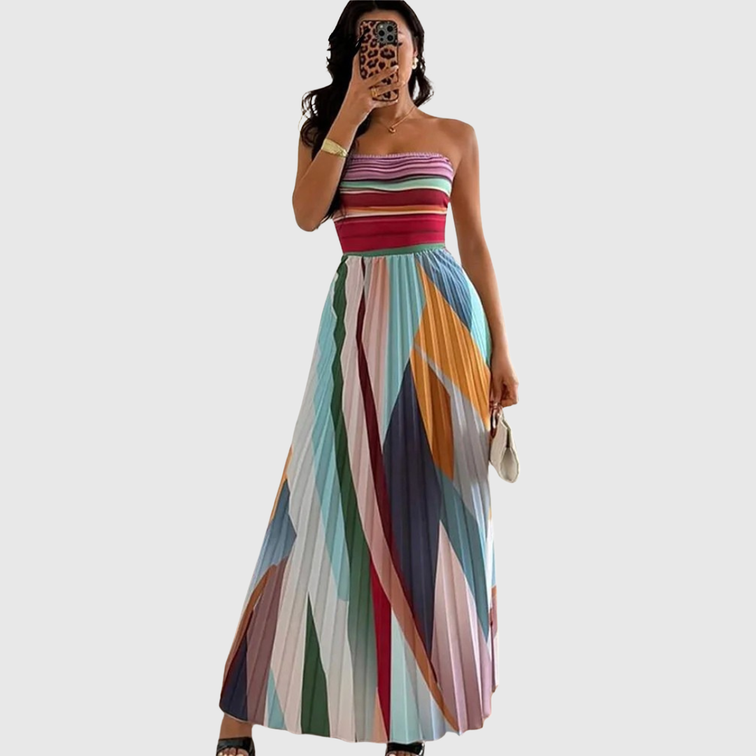 Melissa - Vestido maxi multicolor con rayas plisadas