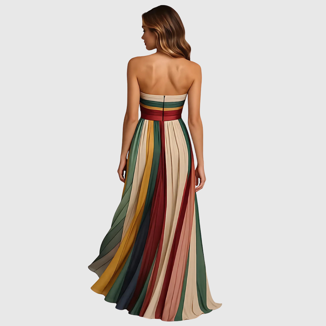 Melissa - Vestido maxi multicolor con rayas plisadas