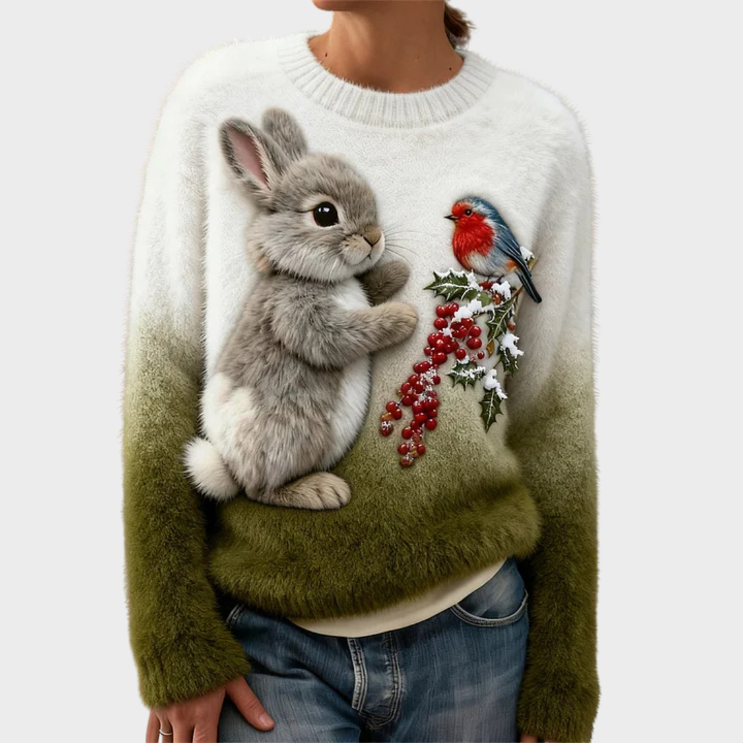 Klementína - Suéter de peluche con conejo navideño