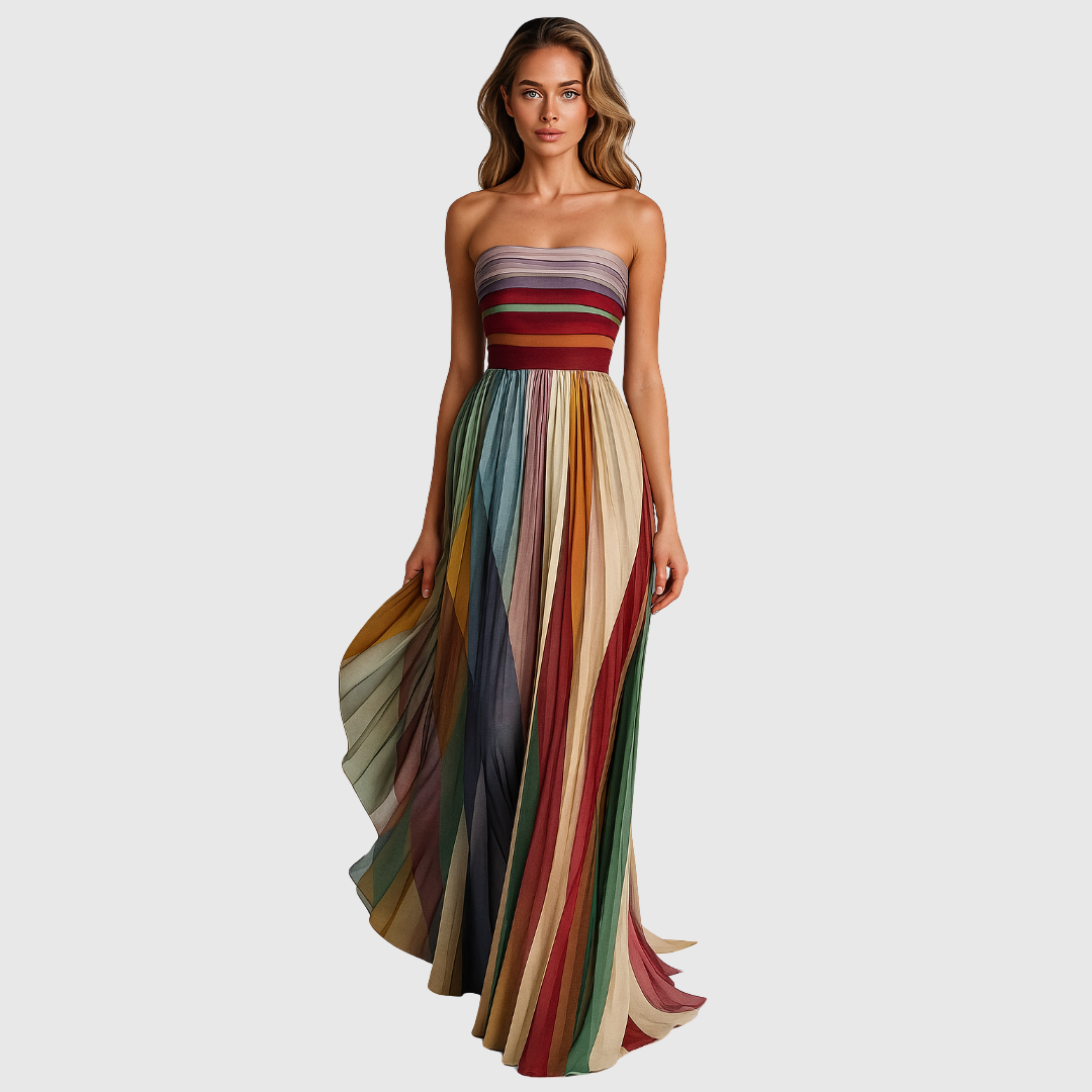 Melissa - Vestido maxi multicolor con rayas plisadas