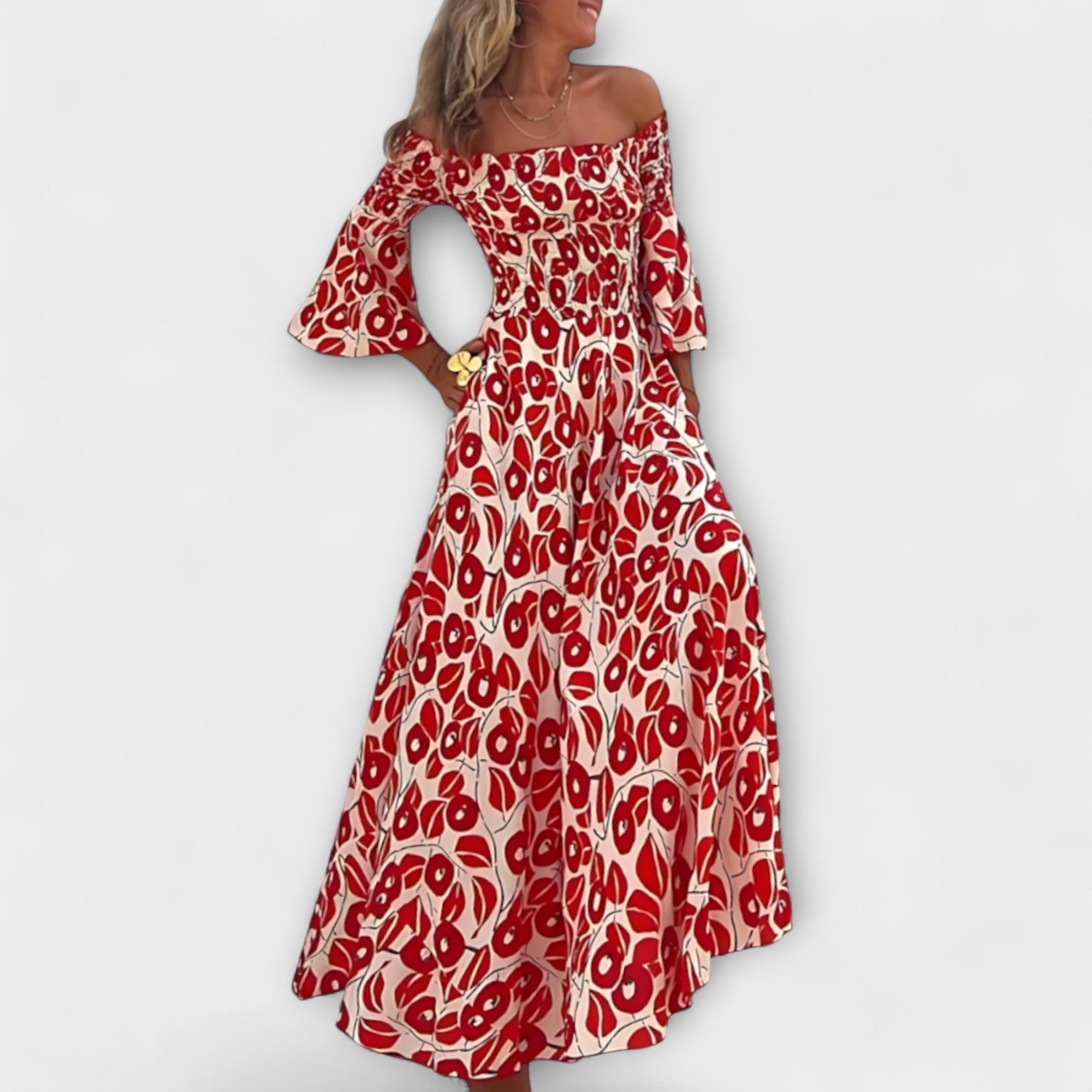 Bella - Vestido con hombros al descubierto y flores del océano