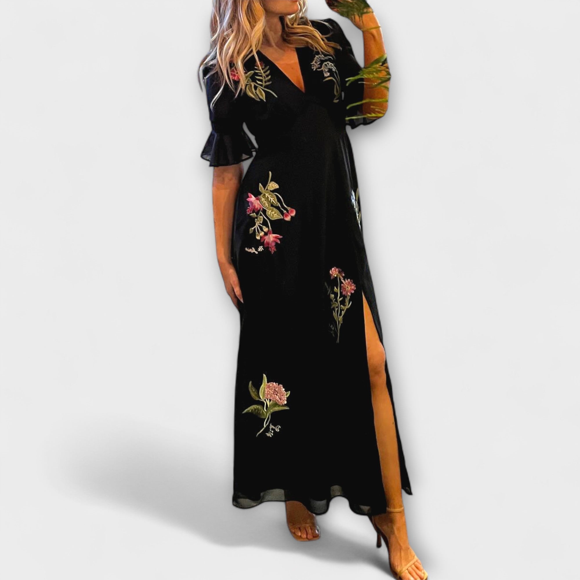 Beatrice - Elegantes vestido azul marino con bordado floral