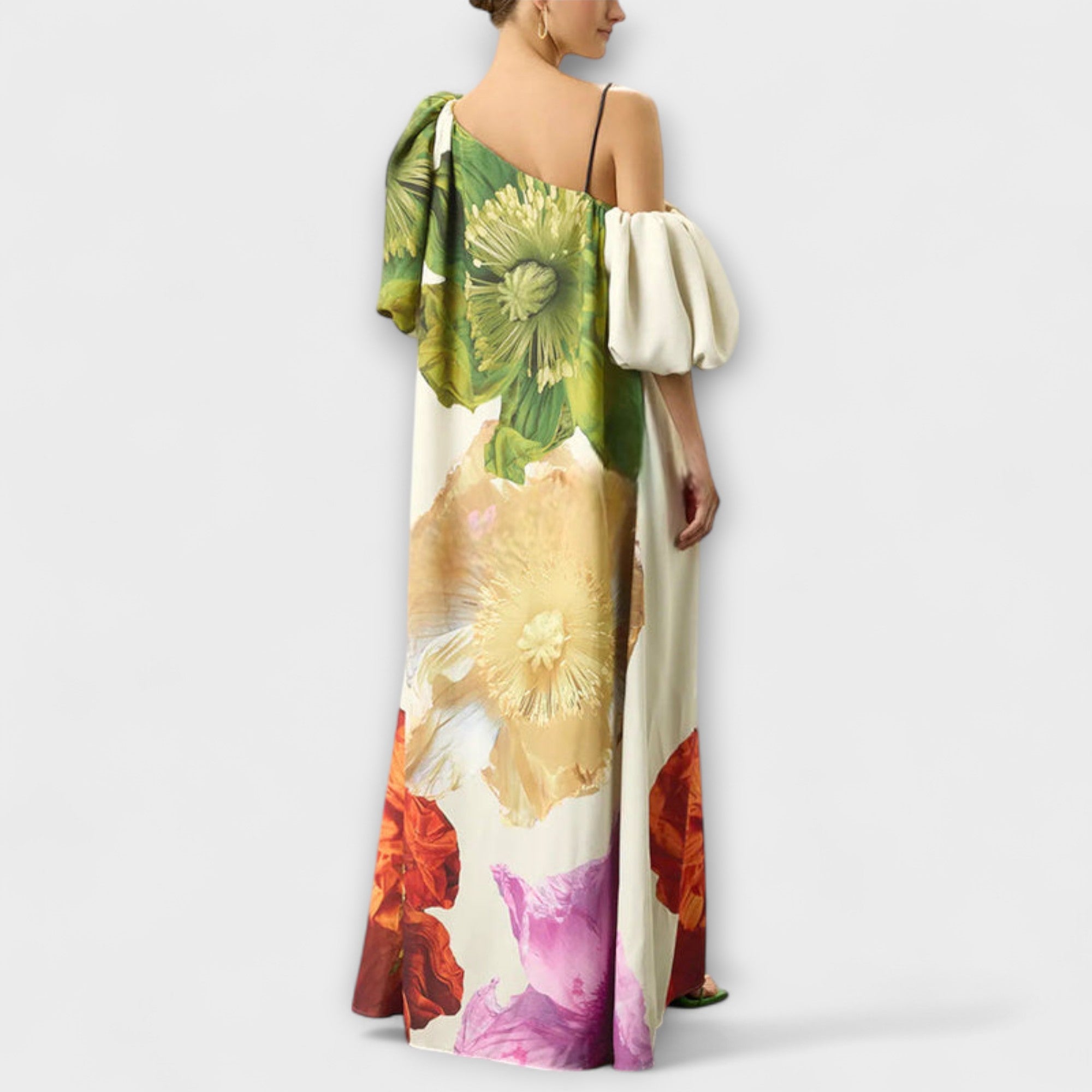 Skylar - Maxi vestido con estampado floral, escote asimétrico y mangas abullonadas