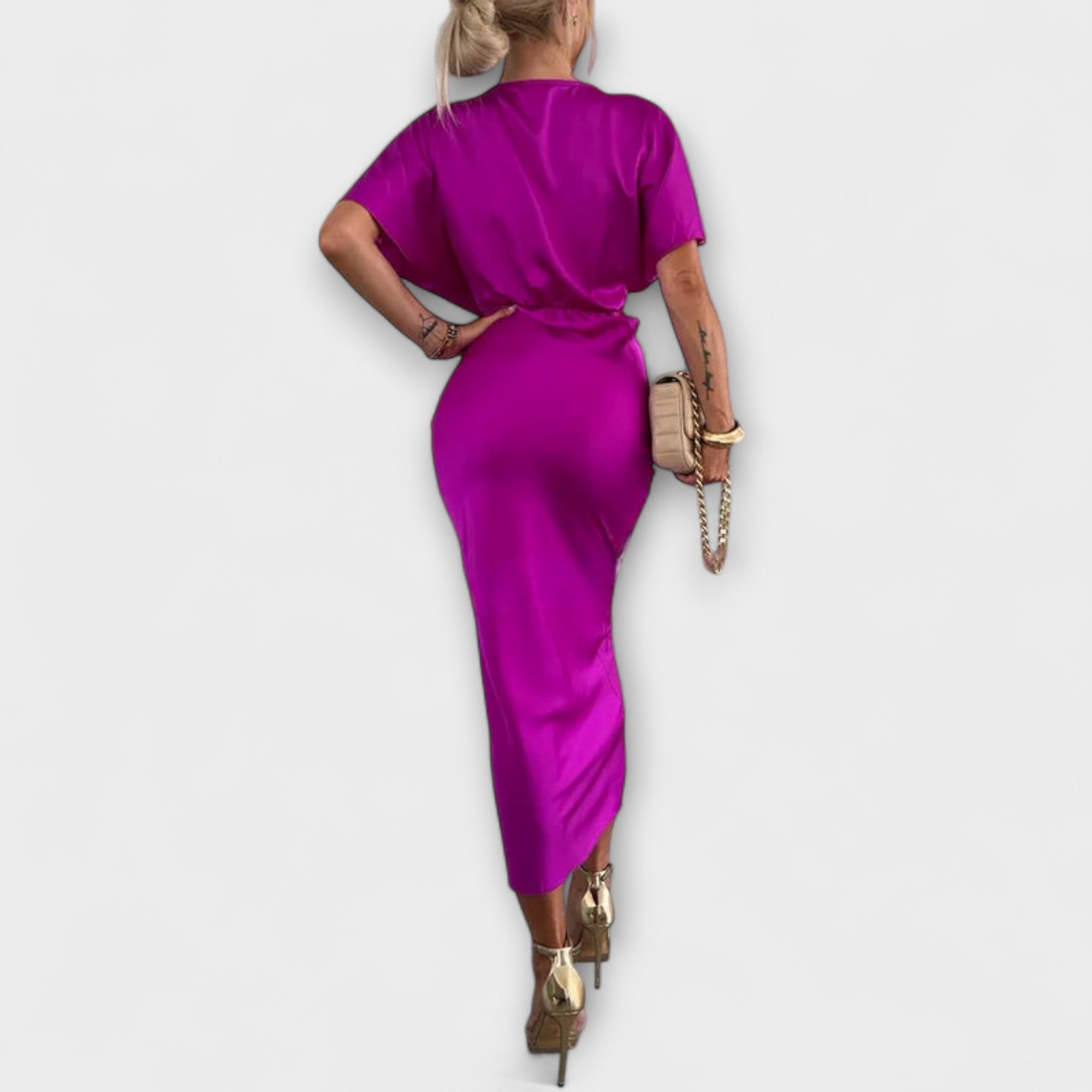 Sable - Vestido maxi con escote en V y nudo cruzado de satén resistente