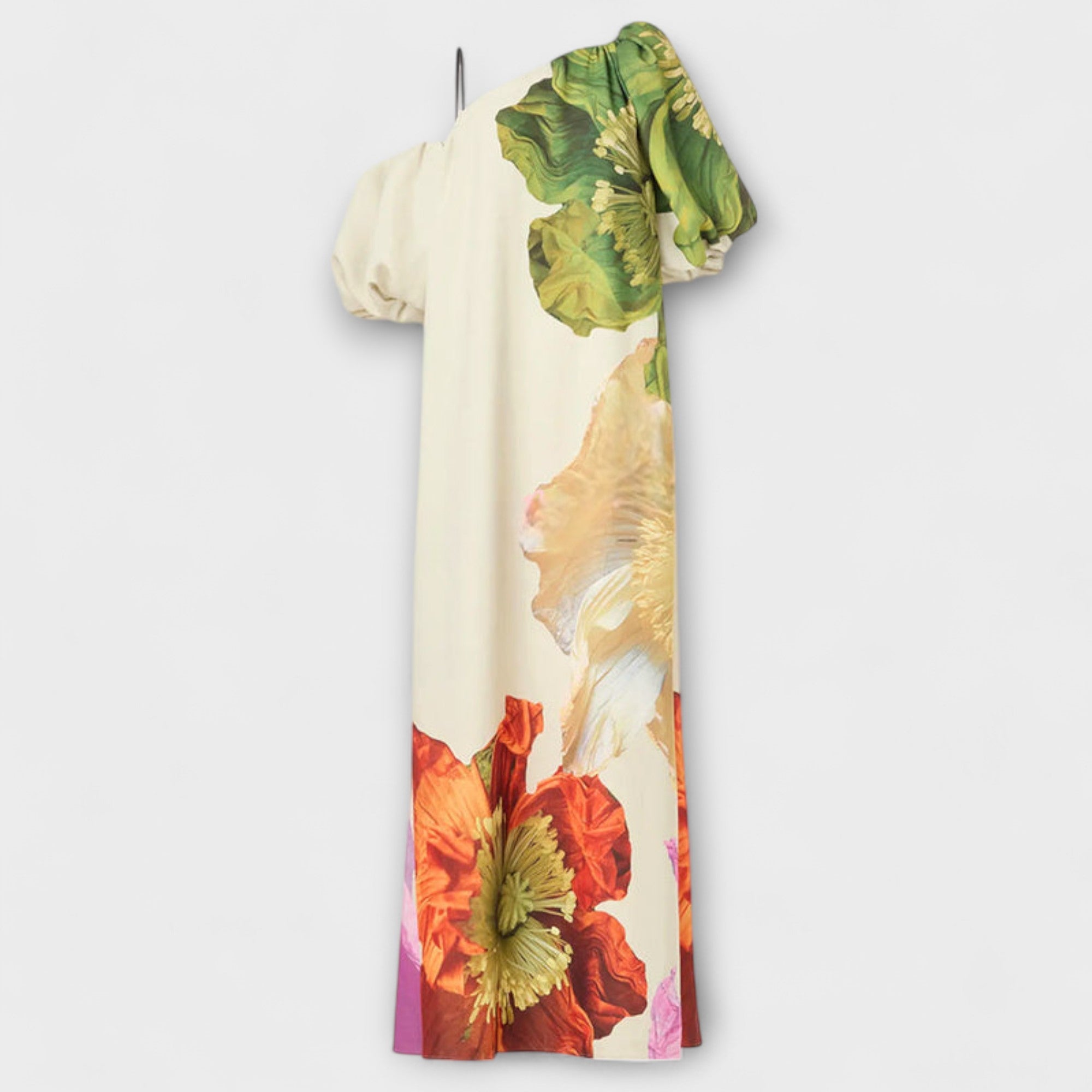 Skylar - Maxi vestido con estampado floral, escote asimétrico y mangas abullonadas