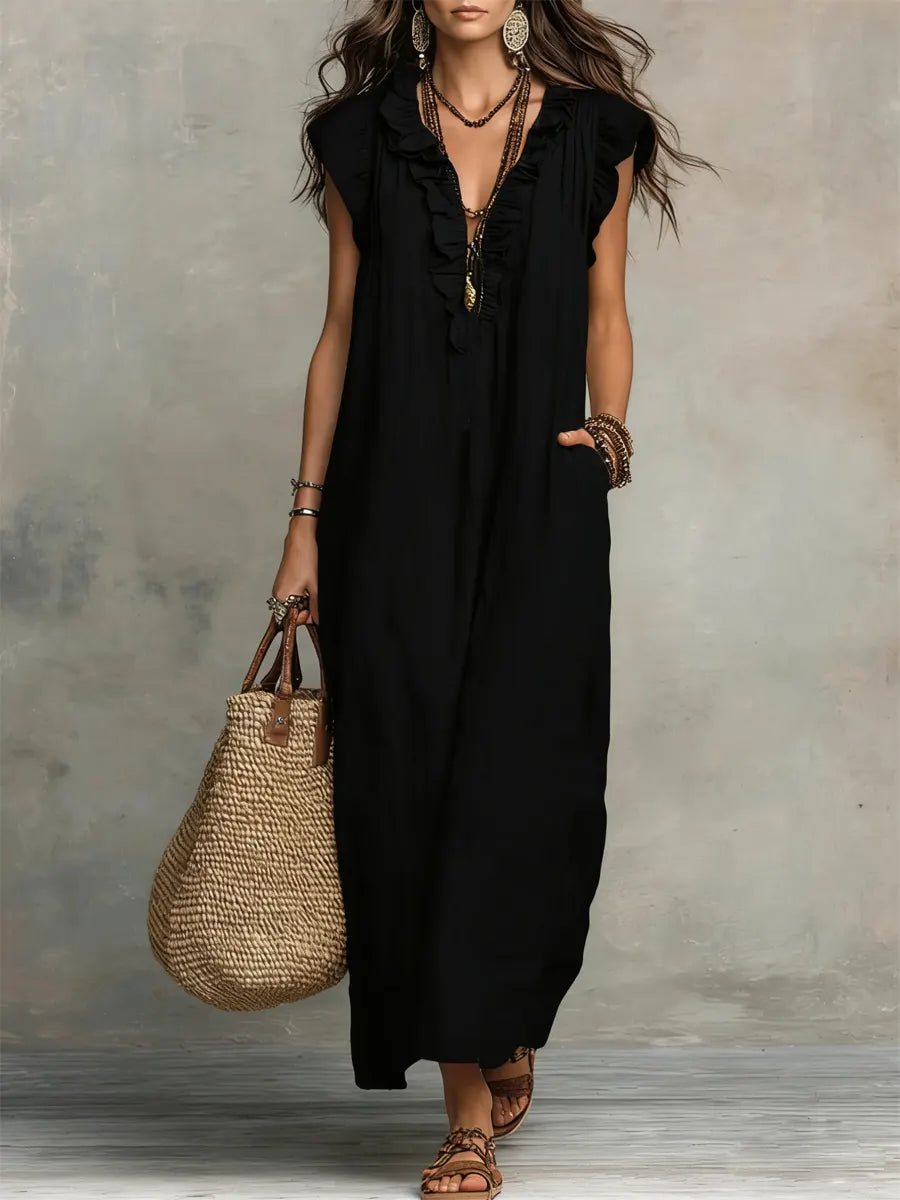 Corin - Vestido Maxi Boho de Lino Fluyente