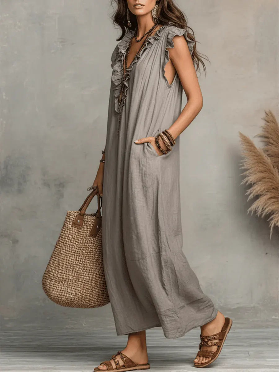 Corin - Vestido Maxi Boho de Lino Fluyente