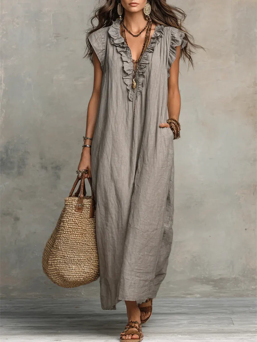 Corin - Vestido Maxi Boho de Lino Fluyente